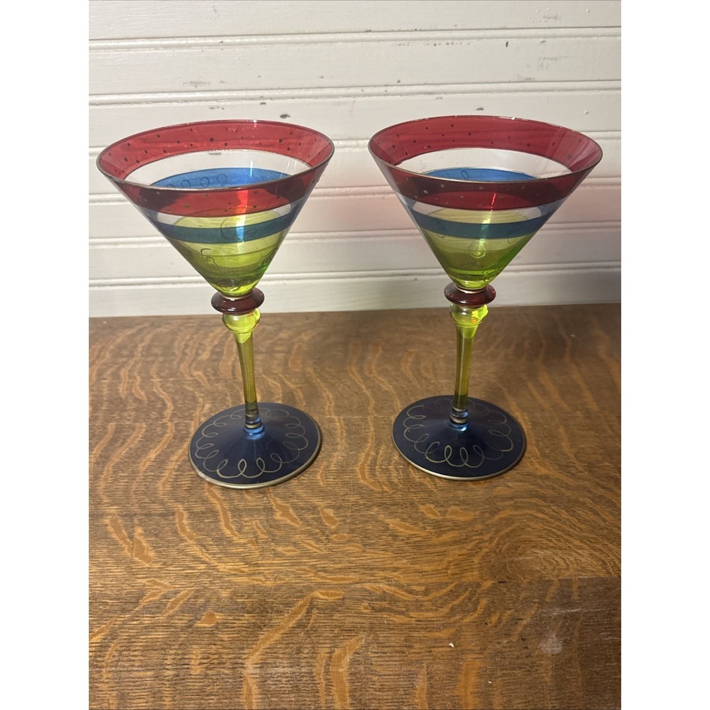 Pier 1 Imports Hand Painted Martini Glasses Festive Gold Rim Bohemian Set Of 2
